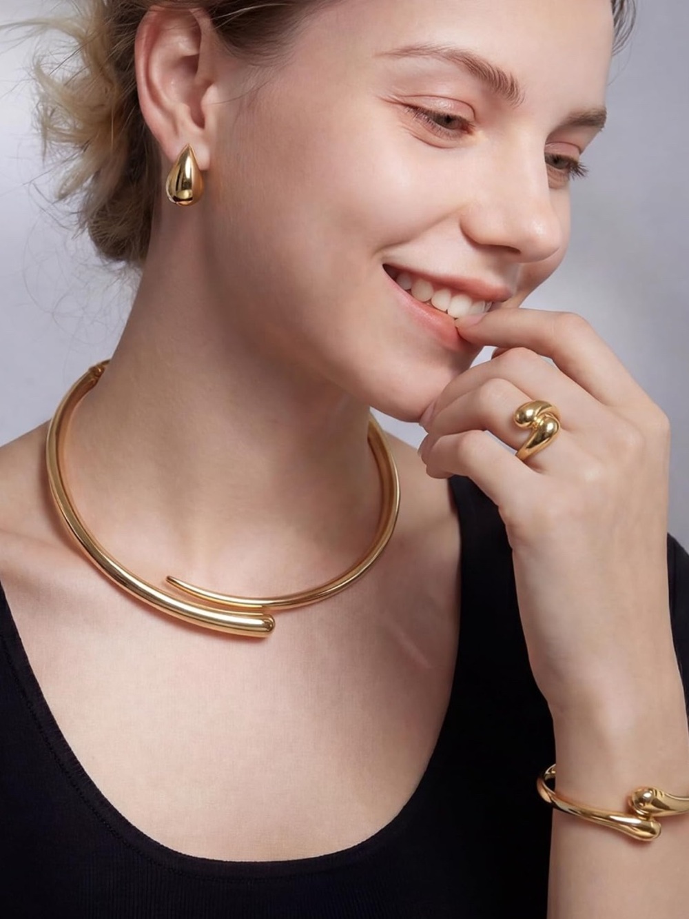 14K Gold Plated Sculptural Necklace, Bracelet, Ring and Earring Set - Picture 5 of 6